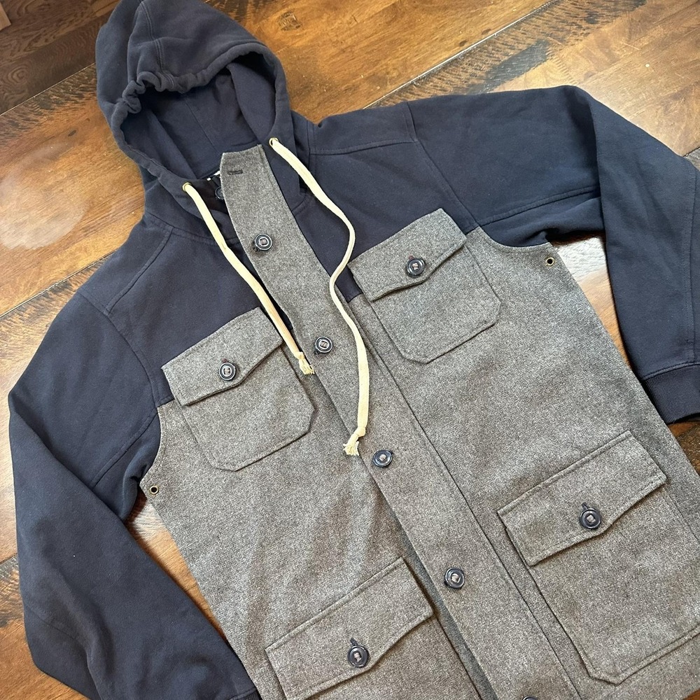 All-Son Brand Hooded Shacket Jacket Mens Medium‎ Gray Navy Wool Blend Utility